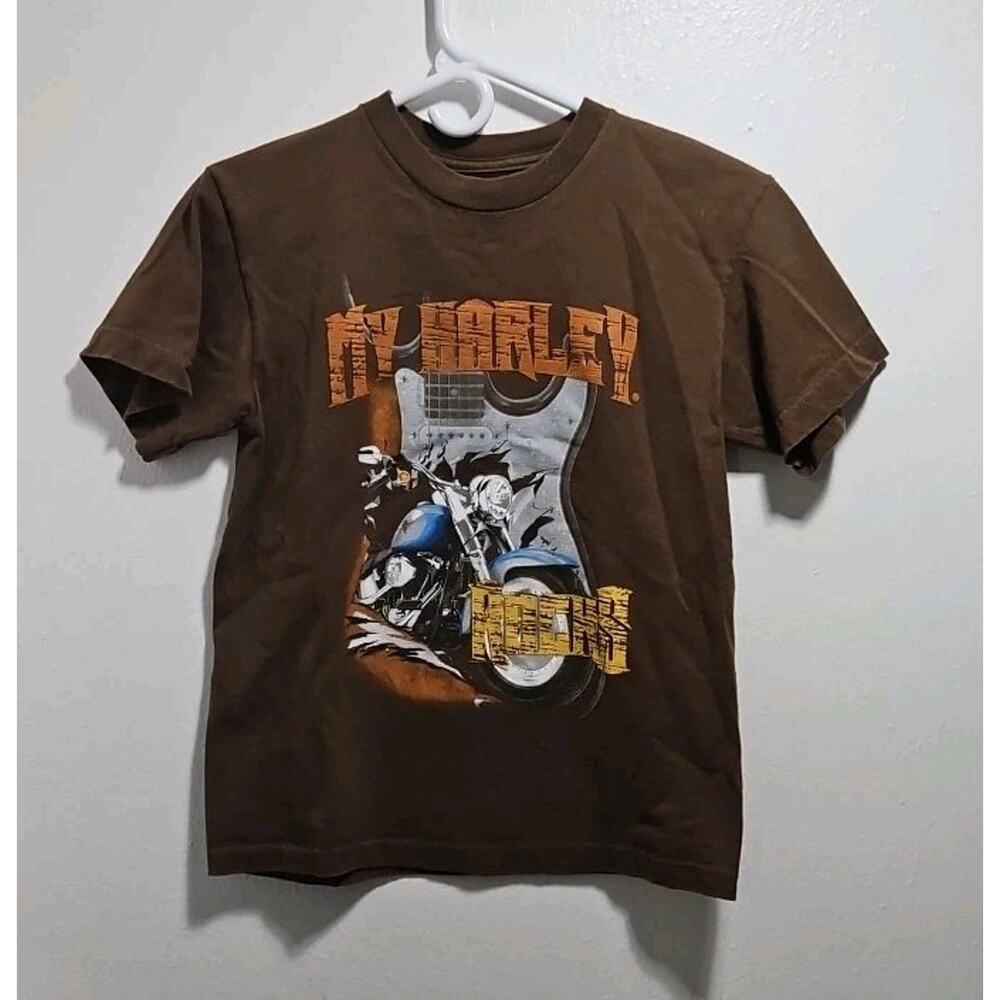 Harley Davidson Youth Medium My Harley Rocks Motorcycle Guitar T Shirt Brown
